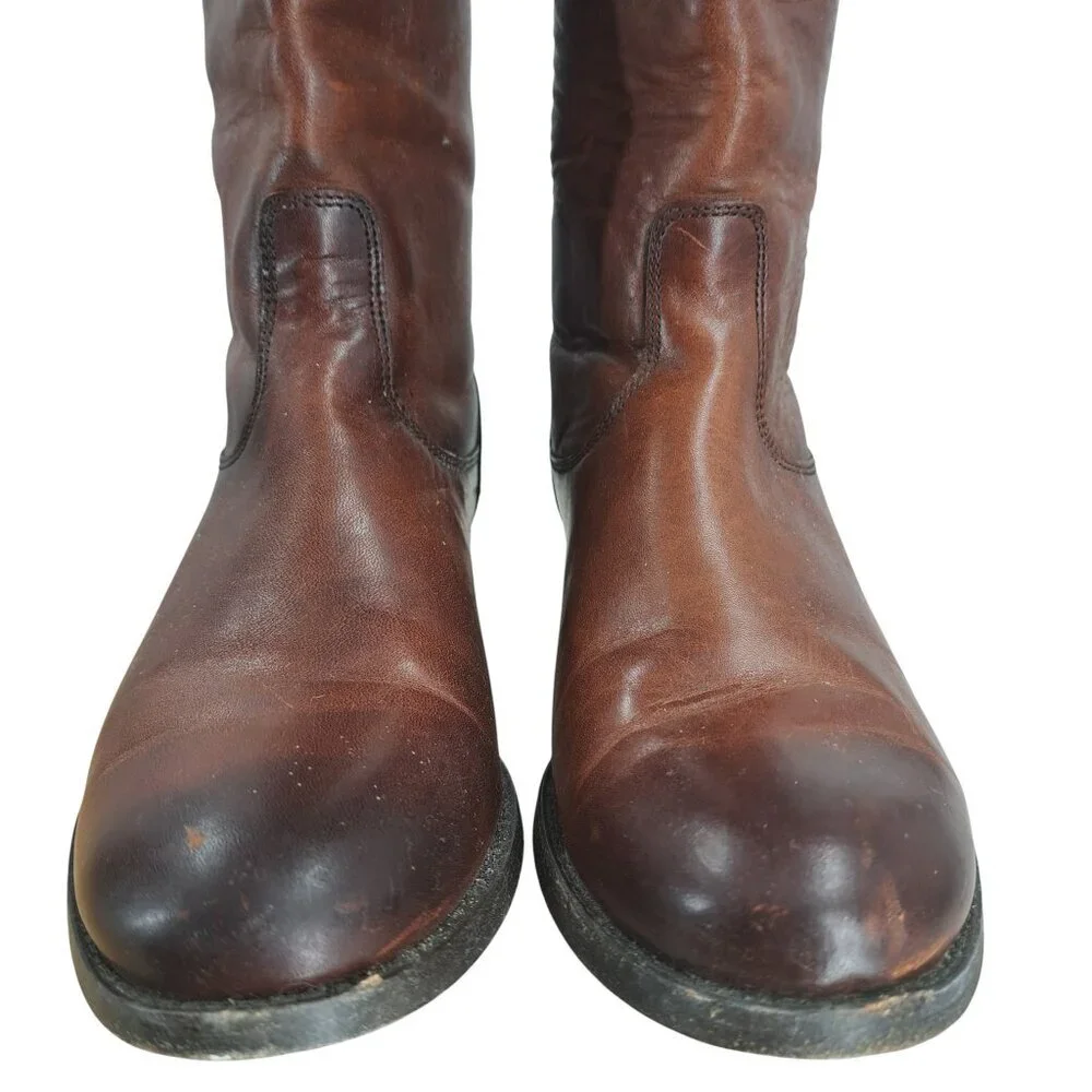 Frye Melissa Knee High Leather Brown Riding Boots Size 6.5 Distressed Snap Zip